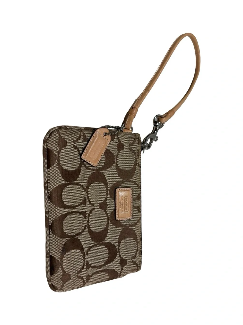 Vintage Coach Brown Signature Canvas Wristlet with Tan Leather Strap